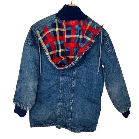 Free People Vintage 90s S Denim Chore Coat Oversized Hooded Long Jean Jacket Y2K - Picture 3 of 11